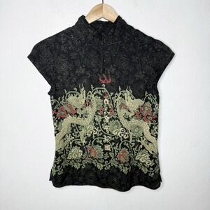 Citron Santa Monica Dragon Mandarin Collar Shirt Sleeve Silk Top Women's Medium
